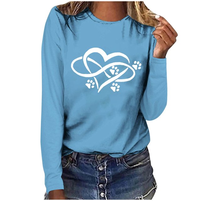 Pisexur Hauts pour Femmes Mode d'Automne T-Shirt à Imprimé Graphique Cœur Col Rond Manches Longues Chemises pour Femmes Chic Décontracté Hauts de Sortie Confort Polyvalent Blouses Légères