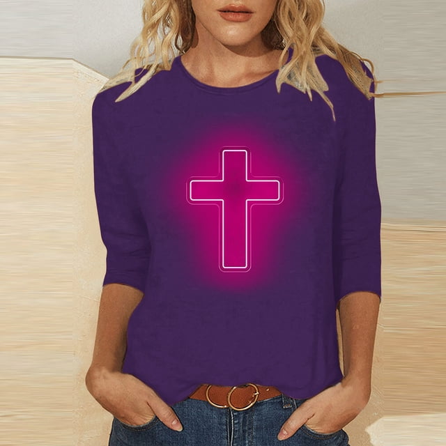 EGNMCR Easter T-Shirts Imprimés pour Femmes T-Shirts Graphiques T-Shirts pour Femmes Mode Femme Décontracté Noël Imprimé Col Rond Blouse Imprimée T-Shirt Manches 3/4 Blouses Femmes T-Shirts