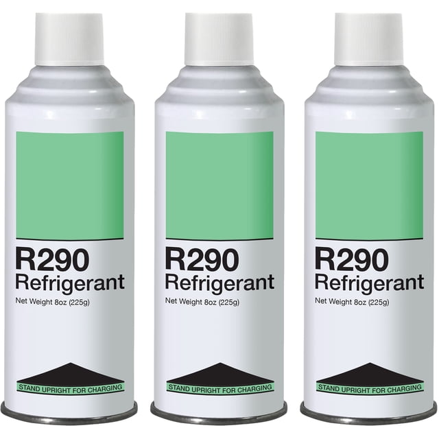 Réfrigérant Anti-Fuites R290 - Canette Autocollante à Chargement de Liquide Verticale, 8 oz, Lot de 3. Conçues pour les Systèmes Nécessitant le Réfrigérant R290, Ces Canettes Comprennent un Dessus Auto-Obturant de style K-28 ICOR (le Robinet de Canette n'Est Pas Inclus) et Conviennent aux Réfrigérateurs et Congélateurs Alimentaires de Vente au Détail. la Conception Verticale Permet un Chargement Pratique du Liquide en Position Debout sur une Échelle de Réfrigérant. Fièrement Fabriqué aux É.-U.