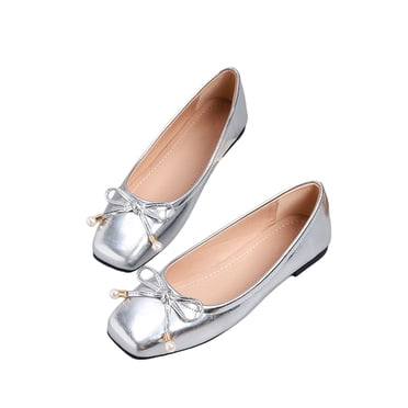 YOUYEDIAN Womens Mary Jane Shoes Slip on Dressy Ballet Flats Shoes for Women New Comfort Non-Slip Shoes for School Formal Walking (Silver)