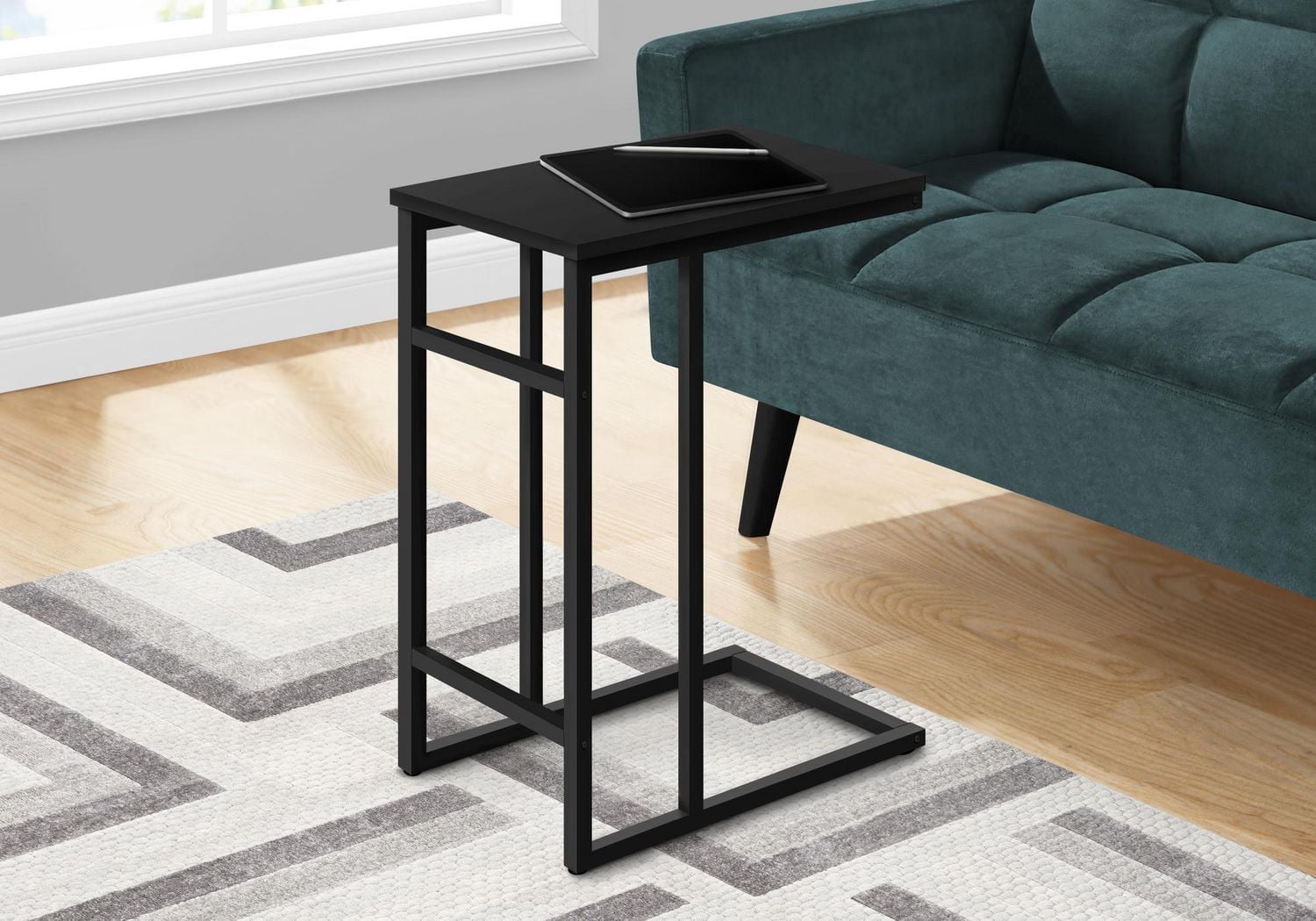 Monarch Specialties Table D'appoint, En Forme De C, Bout, Côté, Collation, Salon, Chambre À Coucher, Métal, Stratifié, Noir, Contemporain, Moderne