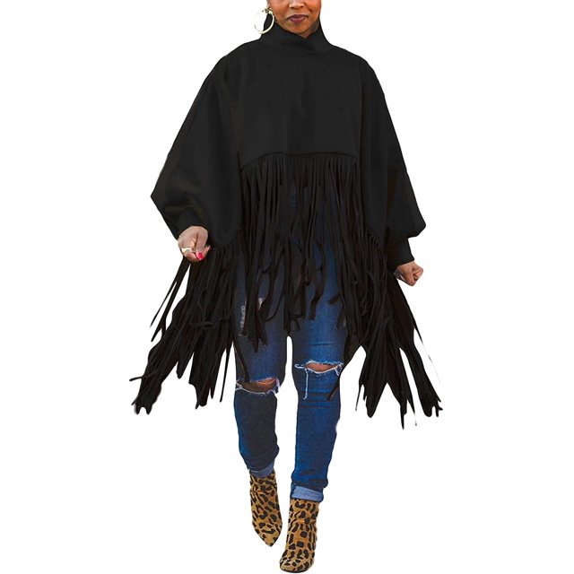 Haut à Franges à Col Montant à Manches Longues pour Femmes, Grande Taille, Poncho à Franges
