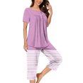 thumbnail image 2 of Timegard Ensembles de Pyjamas pour Femmes 2 Pcs Détente Col Rond Manches Courtes Haut Pantalon Capri à Rayures avec Poches Tenues, 2 of 7