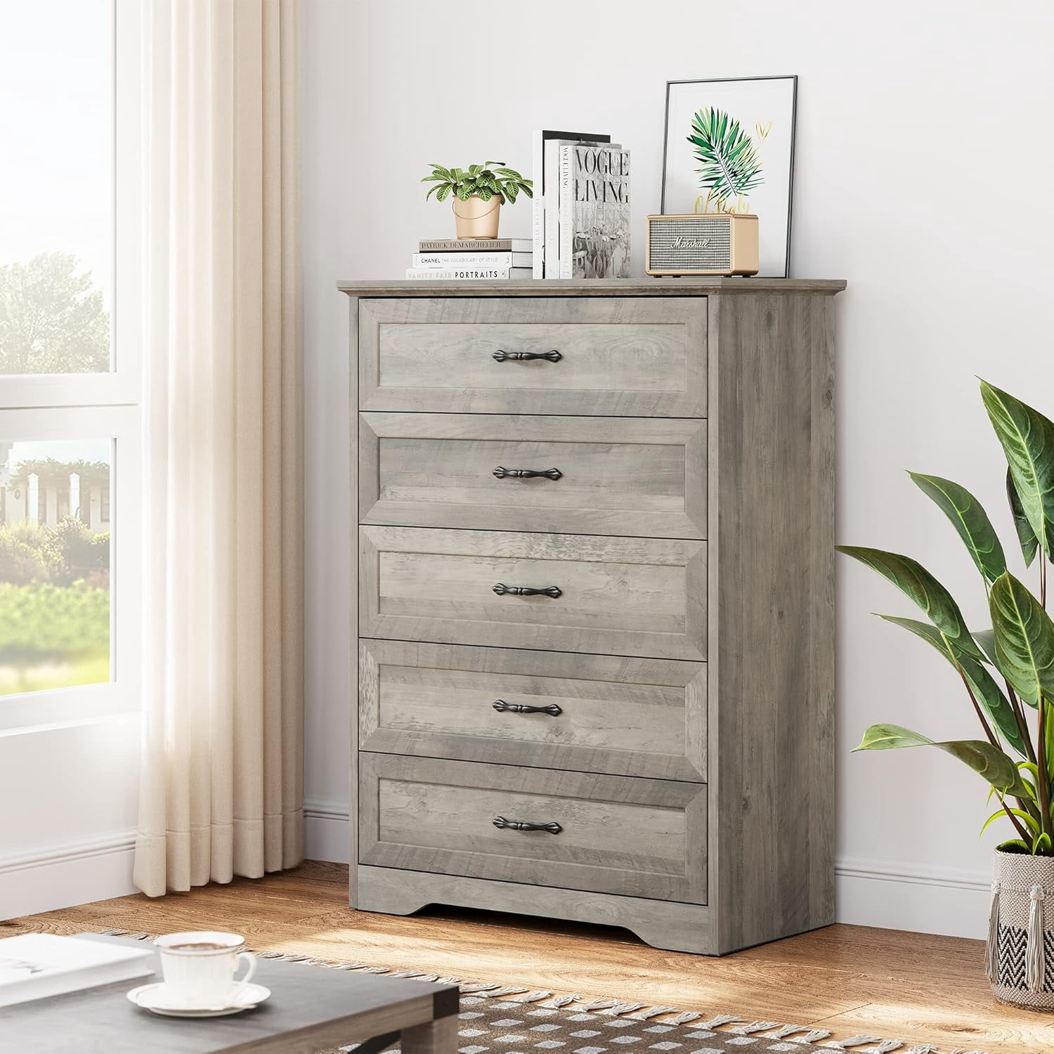 Farmhouse Dresser with 5/6 Drawers, Sturdy Waterproof Wooden Storage Dresser Equipped with Anti-Tip Device, Chest of Drawers for Bedroom, Living Room & Hallway