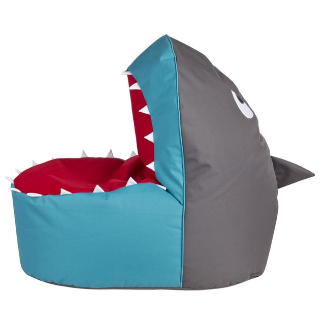 Gouchee Home Shark Brava Bean Bag Chair in grey and blue with a red interior mouth lined with white fabric teeth, featuring a shark fin and eye, made from water-repellent polyester oxford fabric filled with polystyrene beads, sized 24"W x 35"D x 31"H, ideal for kids' seating in bedrooms or playrooms and portable for easy moving.