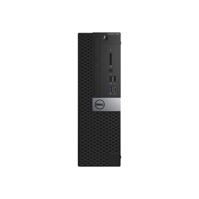Tour Compacte Noire de Bureau Dell OptiPlex 7050 Intel i7-7700 Remise à Neuf avec Panneau avant à Motif Losange, Bouton d'Alimentation, Fente pour Carte SD, Prise pour Écouteurs, ports USB 3.0 et USB-C, et badge logo Dell Argenté, Convenant au Bureau et à l'Utilisation Multitâche.