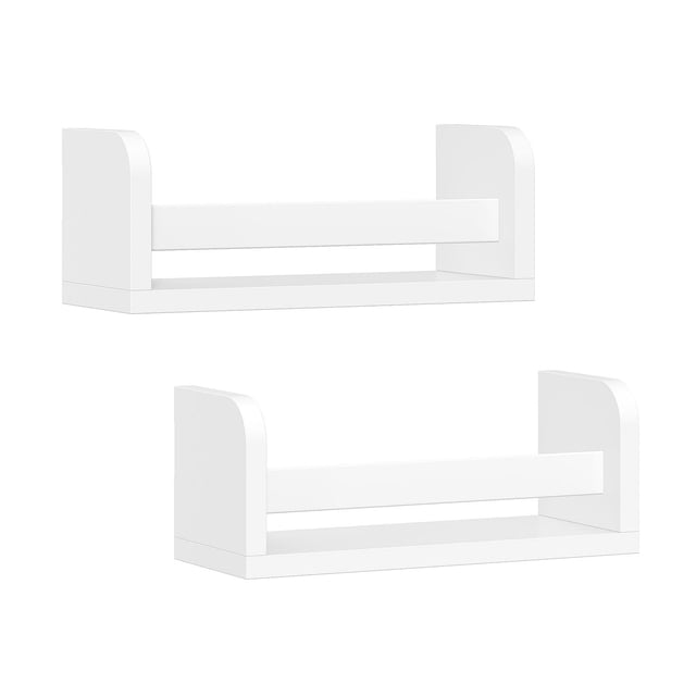 Kids 10" Book Shelf - White (2 Pack) with two small white floating wall shelves featuring a horizontal front bar to keep items secure, perfect for organizing children's books, toys, and décor in nurseries, playrooms, or small bathrooms.