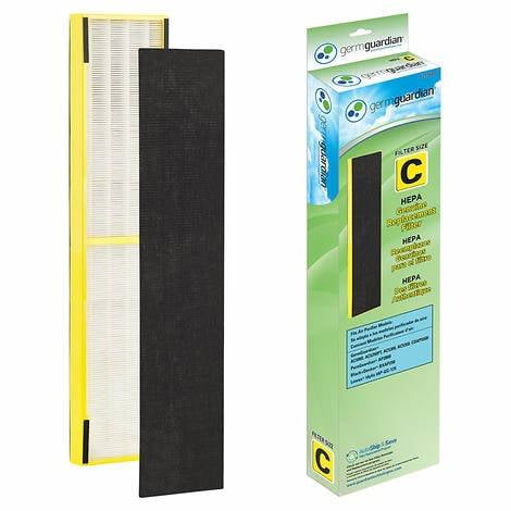 GermGuardian FLT5000 Replacement HEPA Air Purifier Filter 2-pack, featuring a combination filter with a pre-filter/charcoal layer, activated carbon, and true HEPA filtration. Captures 99.7% of dust, allergens, and odors. Designed for use with GermGuardian 3-in-1 True HEPA Air Purifier System AC5000CA.