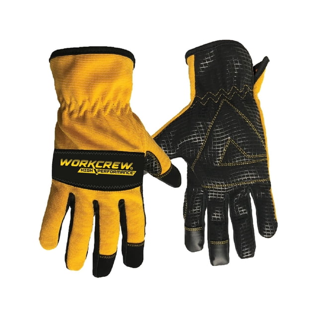 WorkCrew HP Utility Glove With Grip Large showing yellow and black utility work gloves with textured black grip on palms and fingers, elastic wrist cuffs, and reinforced fingertips, ideal for heavy-duty tasks and general workwear.