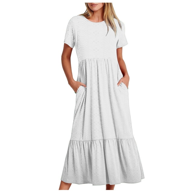 Pisexur Robes d'Été pour Femmes à Col Rond, Robe Fluide Plissée Tendance à Manches Courtes, Mode avec Poche, Robe d'Été de Plage Évasée à Imprimé Floral