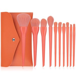 10 Pièces Beauty Make Up Brosse de maquillage avec brosses longues avec poignée longue Portable Powder Cosmetics Set Supply for Professional Outdoor Travel Orange