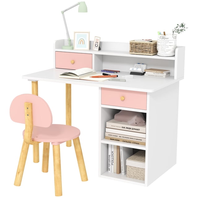 Qaba Ensemble de Bureau et Chaise pour Enfants 2 Pcs avec Rangement et Étagères, Rose