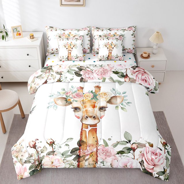 YST Cute Giraffe 7-Piece Comforter Set, Pink Rose Floral Bedding for Girls, Queen