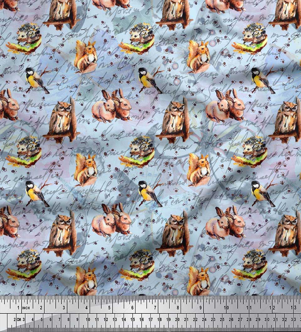 Soimoi Tissu en Rayonne Hibou, Tissu à Imprimé Animal Squirrel & Rabbit au Mètre, 42 Pouces de Large
