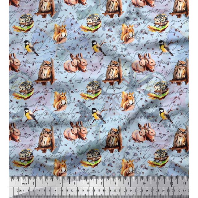 Soimoi Poly Georgette Fabric Owl,Squirrel & Rabbit Animal Print Fabric by Yard 52 Inch Wide