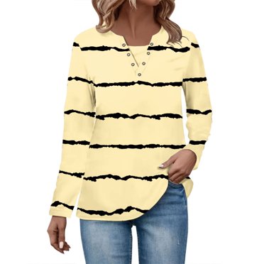Annhoo Chemises à Manches Longues pour Femmes Grande Taille T-Shirts à Manches Longues à Boutons Col en V Tuniques Tendance à Imprimé Rayures
