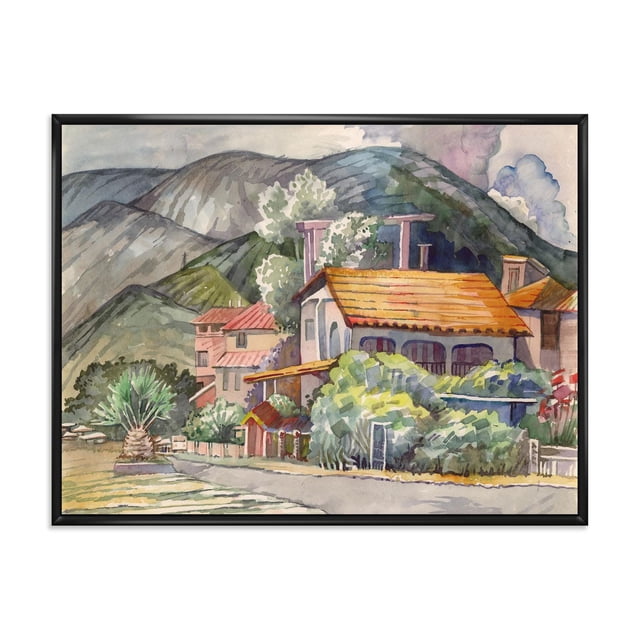 Designart Paysage Grec au Large des Côtes de la Mer Égée Cadre Flottant ART Mural Représentant une Impression sur Toile Aquarelle Encadrée d'Un village Grec Traditionnel avec Toits en Terre Cuite, Verdure Luxuriante et Fond Montagneux, Imprimée sur Toile de Coton de Qualité Supérieure avec Encres Résistantes à la Décoloration, Emballée pour Galerie et Prête à Accrocher avec Quincaillerie Incluse, Idéale pour Ajouter une Touche Côtière à la Déco de la Maison.