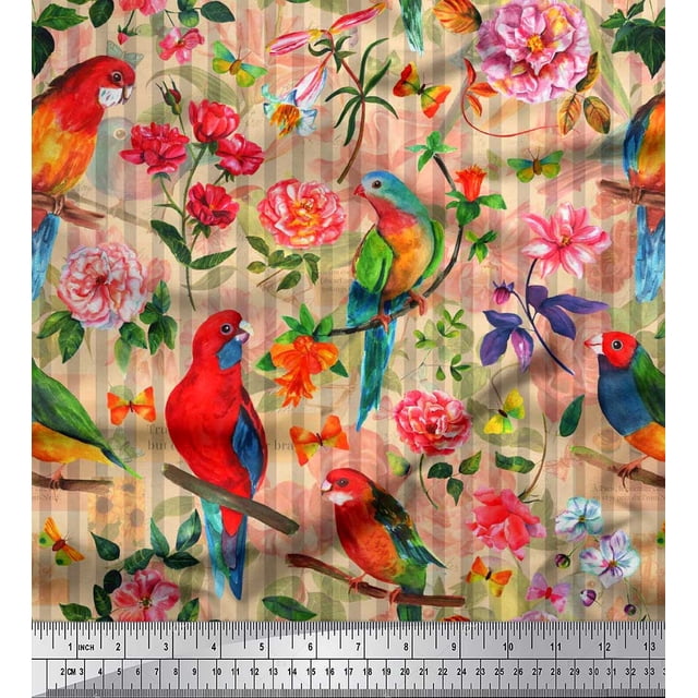 Soimoi Orange Rayon Fabric Stripe,Floral & Parrot Bird Print Sewing Fabric BTY 56 Inch Wide