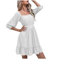 thumbnail image 1 of AherBiu Boho Dresses for Women 3/4 Sleeve Square Neck Ruched Ruffle Summer Beach Cute Mini Dress, 1 of 7
