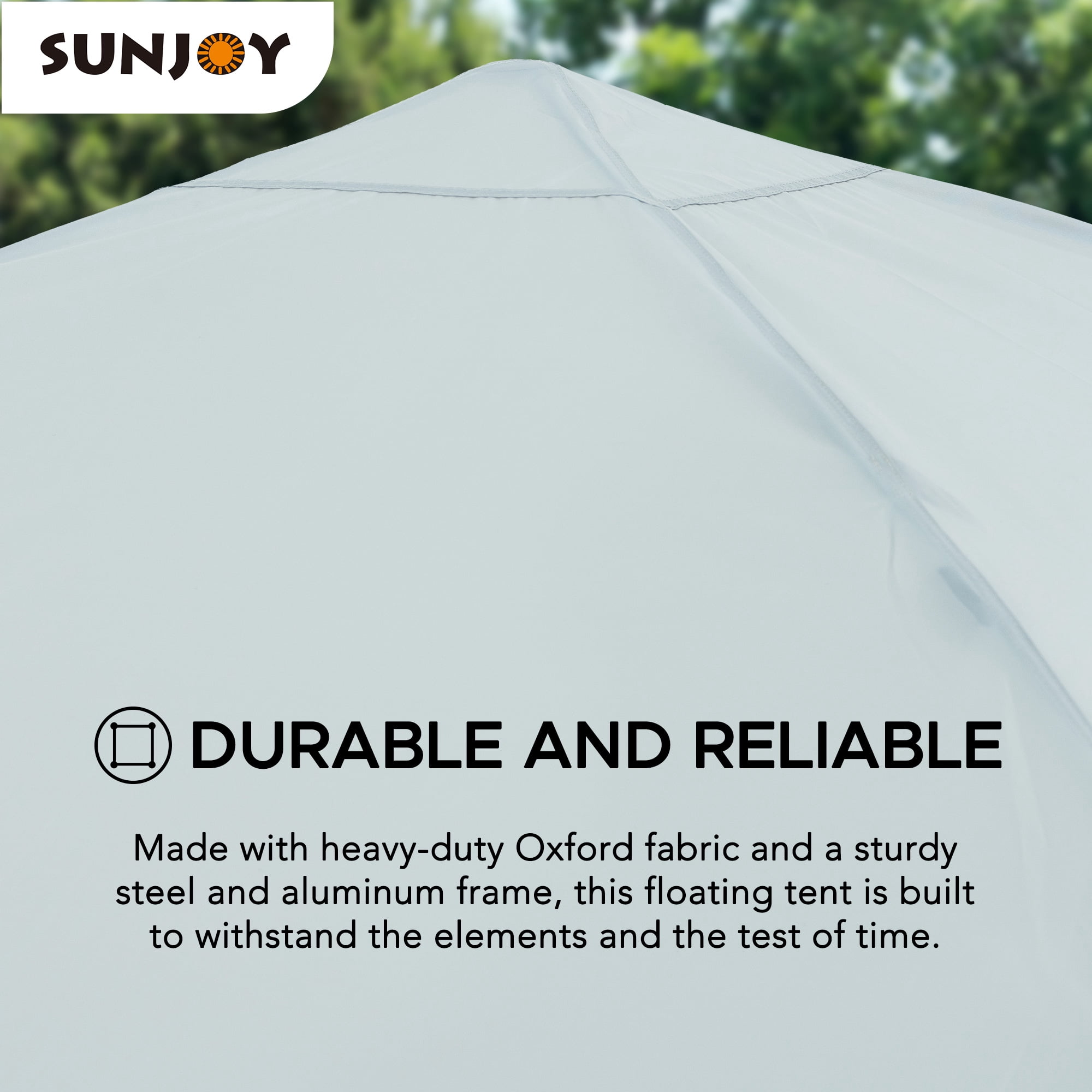 Auvent de piscine flottant Sunjoy 10' × 10' Gazebo pop-up en tissu gris, tente flottante à cadre en acier et aluminium avec flotteurs en PVC, pompe à air manuelle et sac de transport