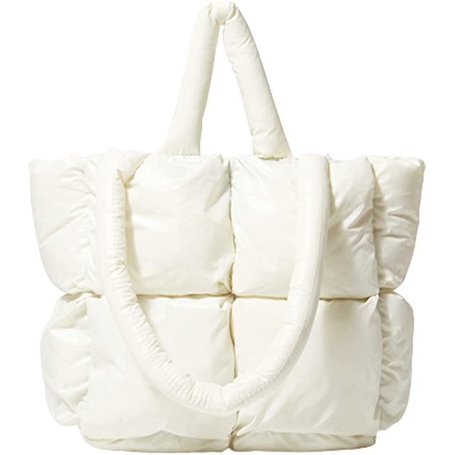 LinYooLi Chic Grid Puffer Down Quilted Tote Bag for Women Lady Trendy Large Shoulder Bag Top Handle Bag