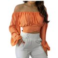 thumbnail image 1 of IROINID Savings Womens Long Sleeve Crop Tops Strapless Solid Color Off Shoulder Ruched Lantern Sleeve Crop Tops,Orange, 1 of 9