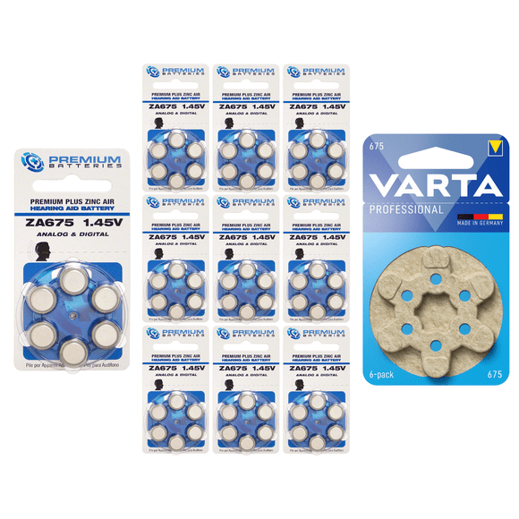 Premium Batteries Size 675 ZA675 1.45V Hearing Aid (60 Batteries) + Bonus Varta 8 Pack