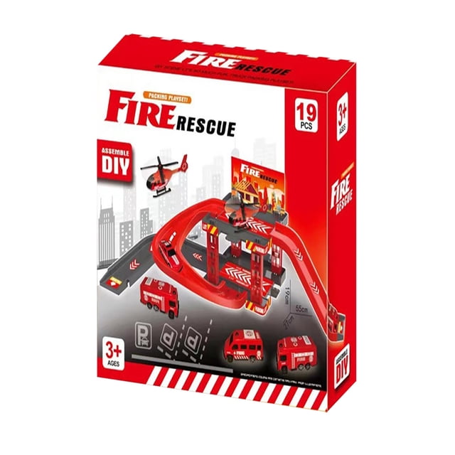 A Assembled Fire Rail Toy For Boys Engineering Vehicle Scene With Multi-Storey Parking Lot