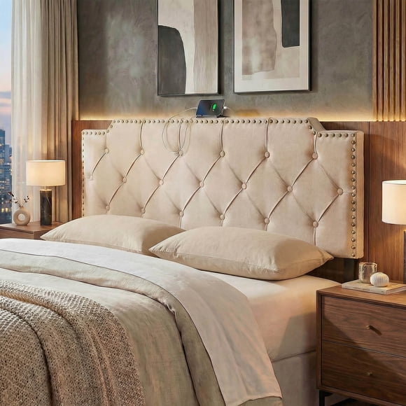 Costway Headboard for Queen and Full Size Bed, Rivet Tufted Upholstered Head Board Beige