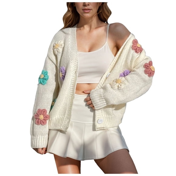 Kogui Crochet Cardigans for Women Women's Long Sleeve V-Neck Button Down Cardigan Knit Shrugs Sweater (White,S)