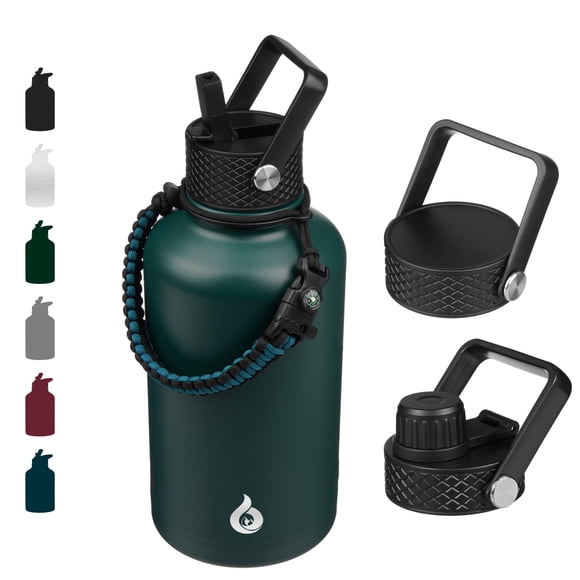 BJPKPK Half Gallon Insulated Water Bottles with Straw Lid, 64oz Large Water Jug, Stainless Steel Bottles with 3 Lids and Paracord Handle, Th