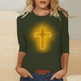 thumbnail image 2 of RKSTN Hauts pour Femmes Mode Décontractée Imprimé Crucifix Col Rond Manches 3/4 T-Shirt Couleur Unie Ajusté Blouse Printemps Été, 2 of 4