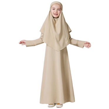 MEZZALL Dress For Girls Long Sleeve Prayer Dress Hijab For Kids Girls Abaya Cute Toddler Sundress, Khaki, 4-5 Years