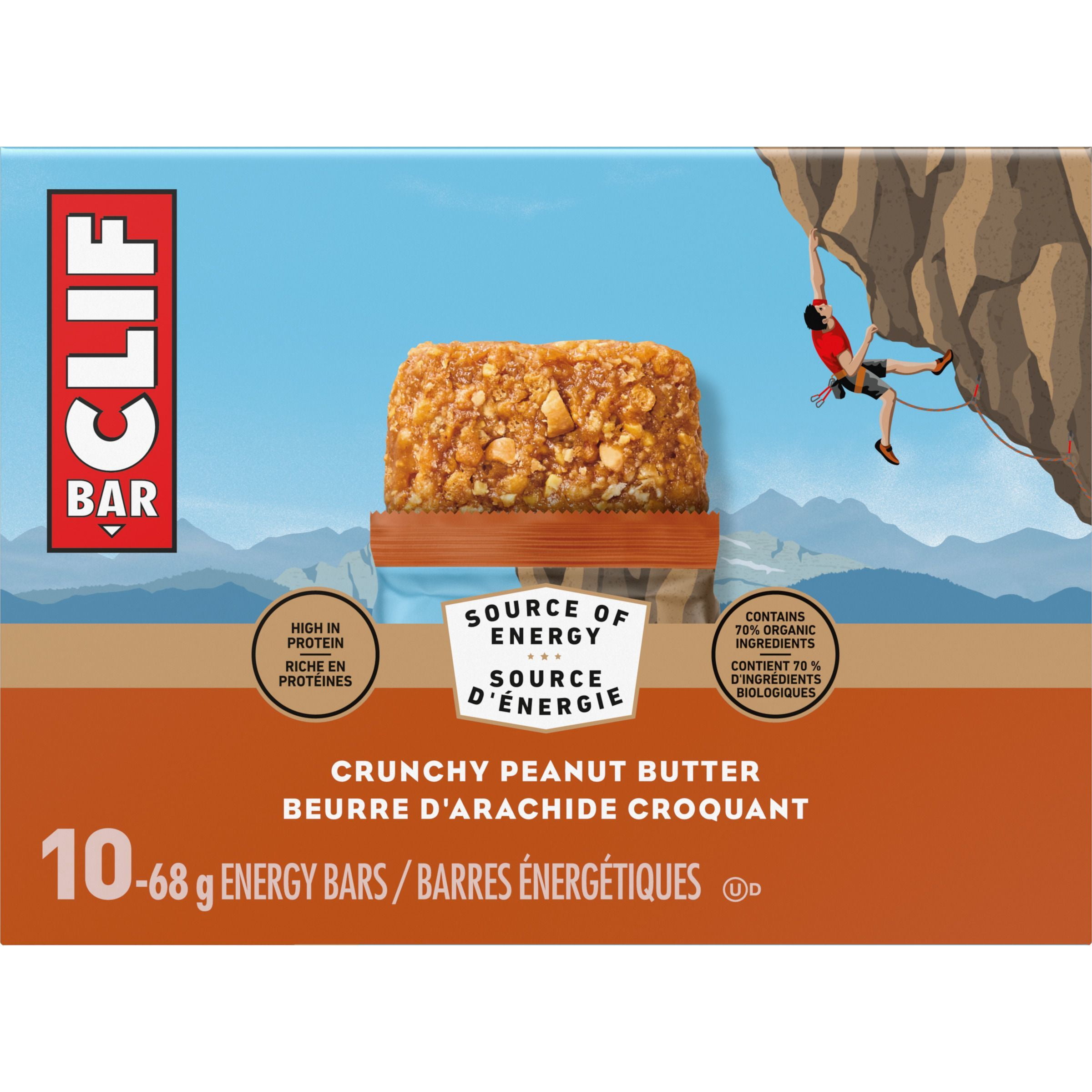 CLIF BAR Barres Énergétiques, Beurre d'Arachide Croquant, Barre Granola, Riche en Protéines, Contient 70 % d'Ingrédients Biologiques Boîte de 10 Barres