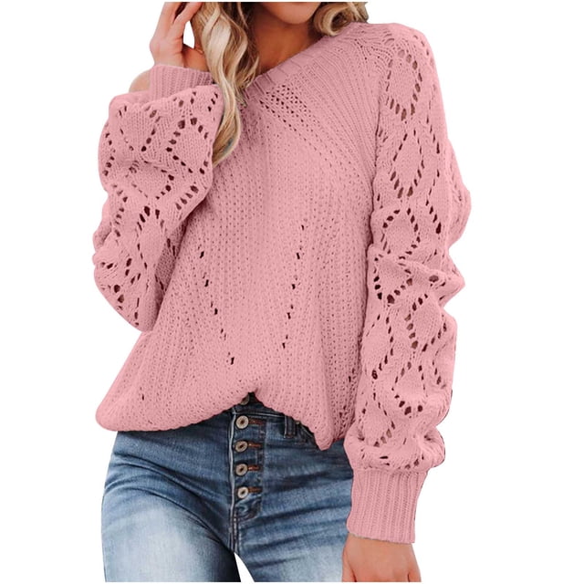 Vêtements de Mode pour Femmes Femmes Décontracté Mode Uni Ajouré Chandail à Enfiler Manches Longues Col Rond Chandail en Couleur Rose Douce. Ce Chandail à Enfiler pour Femmes Présente un design en Tricot Ajouré, Manches Longues et Encolure Ronde. Fabriqué à Partir d'Un Tissu polyester Léger, Idéal pour une Tenue Décontractée pendant les Saisons d'Automne et d'Hiver.