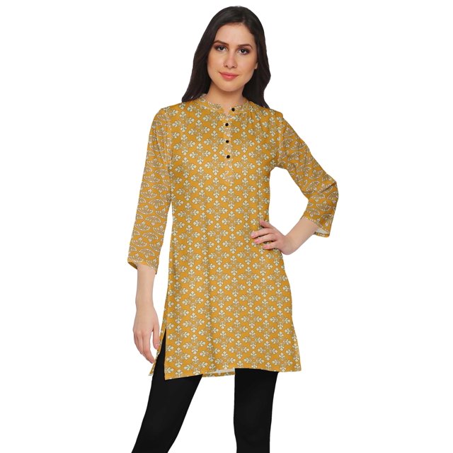 Moomaya Kurtis Courtes à Col Montant en Poly-Crêpe pour Femmes, Haut de Robe Imprimé