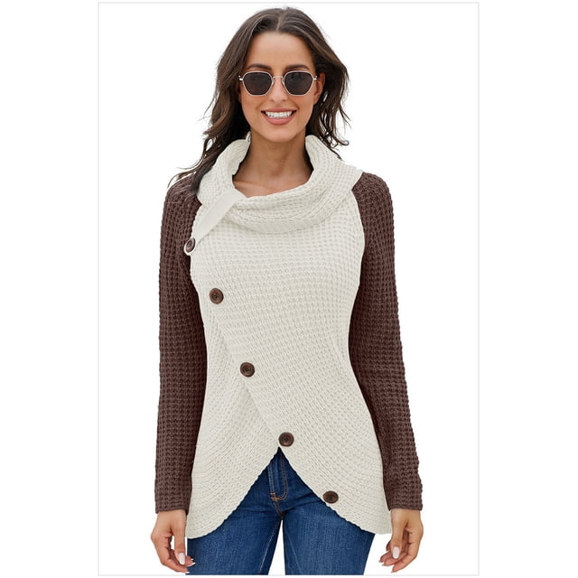 Chandails Femme Chauds Chandails Asymétriques Tricotés Col Roulé Uni Cache-Cœur Tricoté Manches Longues Chemises Hauts Décontracté TG