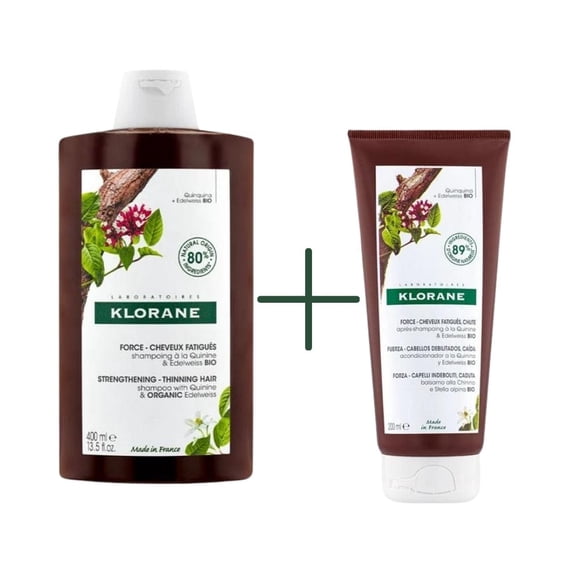 Klorane Fortifiant à la Quinine et à l'Edelweiss Biologique - Shampoing pour Cheveux Clairsemés 400 ml et Revitalisant 200 ml