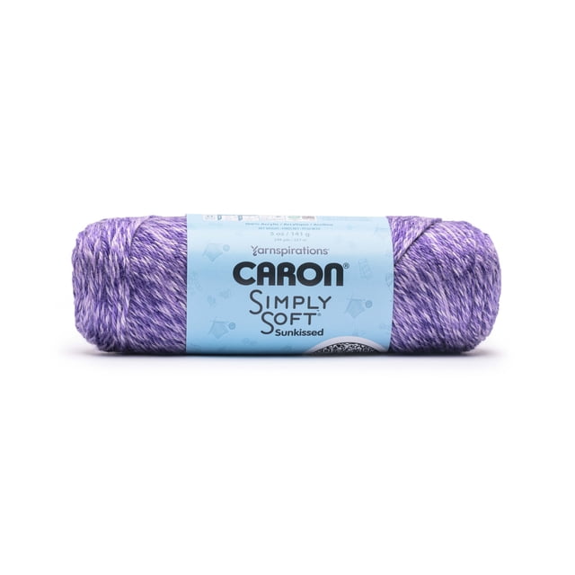 Caron® Simply Soft Sunkissed™ #4 Worsted (Medium) Acrylic Yarn in Grape Tonal, 5oz/141g with 248 yards, showing a skein of medium-weight acrylic yarn in purple tonal shades wrapped with a light blue label featuring Caron branding, suitable for knitting, crochet, and soft draping textile projects.