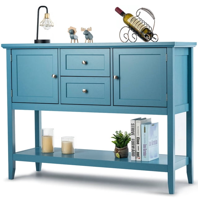 Costway Buffet Bahut Table Console en Bois avec Tiroirs et Armoires de Rangement Bleu