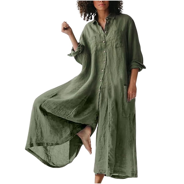 RKSTN Jumpsuits for Women Summer Casual Solid Color Cotton Linen Long Playsuit Zipper Short Sleeve Rompers