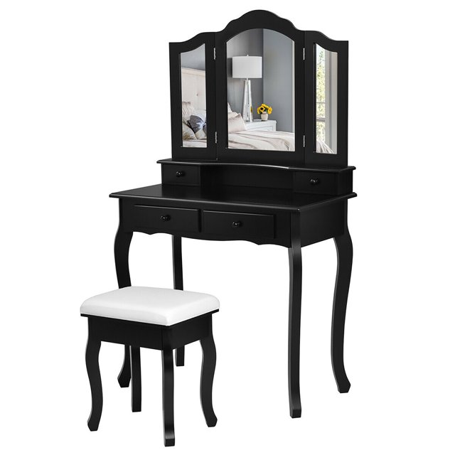 Costway Coiffeuse avec Tabouret, 4 Tiroirs et Miroir, Noir