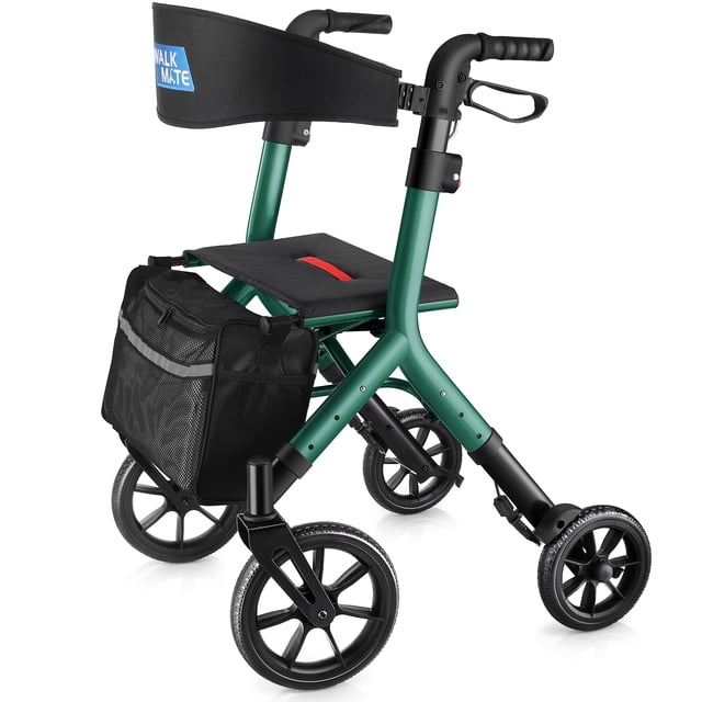 WalkMate Rollator Walker for Seniors in green, a lightweight mobility aid with a height-adjustable seat and handle for users 5.3 to 7 feet tall. Features 10-inch anti-skid wheels for multi-terrain use, a padded nylon seat, ergonomic handgrips, and a detachable storage bag. Compact folding rollator walker design with hidden brake cables for streamlined safety. Aluminum frame supports up to 300 lbs and includes a widened backrest for added comfort.