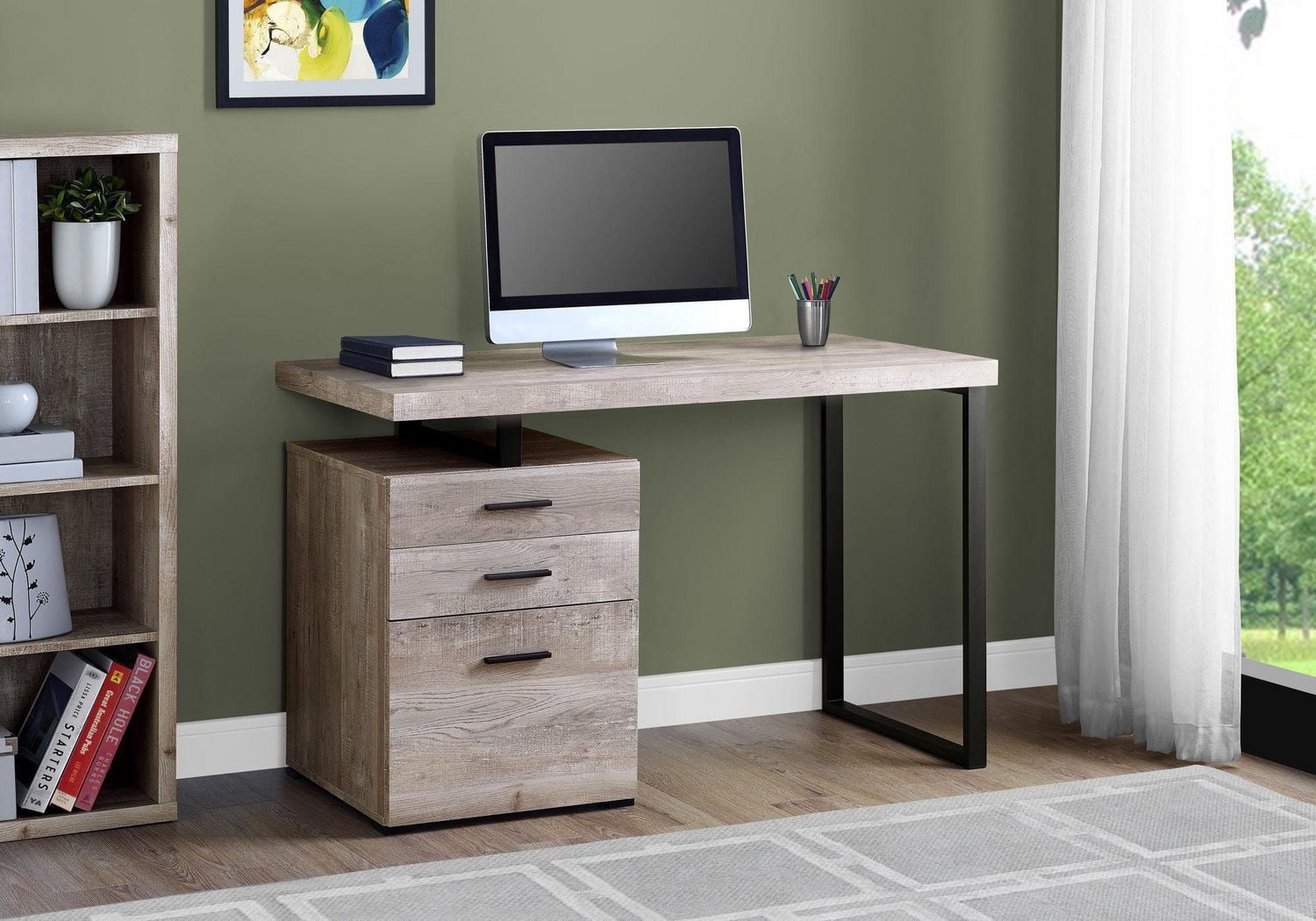 Monarch Specialties Computer Desk, Home Office, Laptop, Left, Right Set-up, Storage Drawers, 48"l, Work, Metal, Laminate, Beige, Black, Contemporary, Modern