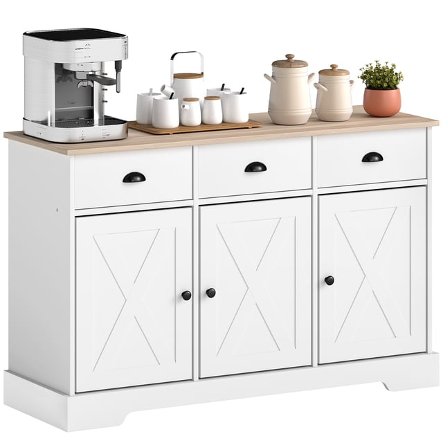 HOMCOM 46.5" Sideboard Buffet Cabinet with 3 Barn Doors and 3 Drawers White.