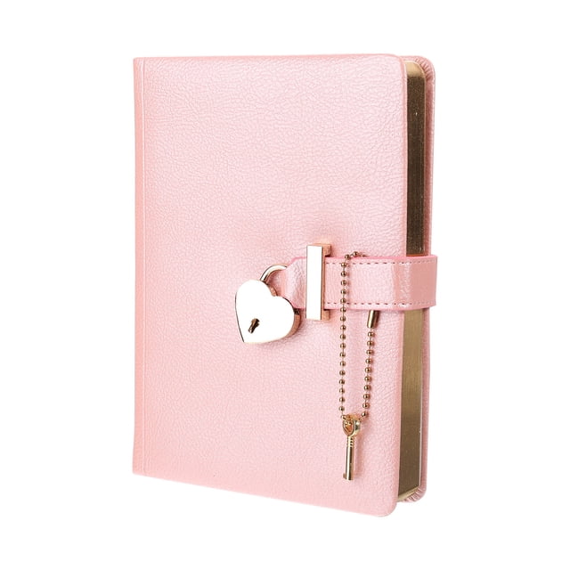 Unique Bargains B6 Diary with Lock and Key, a pink leather journal with a heart-shaped lock and matching key on a chain. The PU leather cover is soft, waterproof, and textured, ideal for journaling and diary use. Includes 144 inner pages and measures 18x13.5 cm (7x5.3 inches), suitable for travel and daily writing.