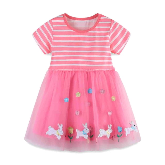 MIASHUI Robes de Pâques pour Filles Tout-Petits Lapin Manches Courtes Robes Décontractées, Rose, 1-2 Ans