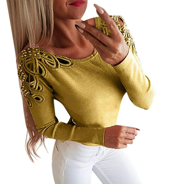 AMERTEER T-shirt Mode Femme Col Rond Uni Perle Ajusté Manches Longues Blouse