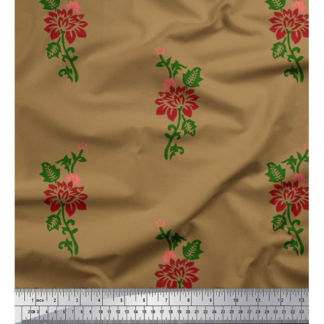 Soimoi Poly Georgette Fabric Leaves & Floral Block Print Fabric by Yard 52 Inch Wide