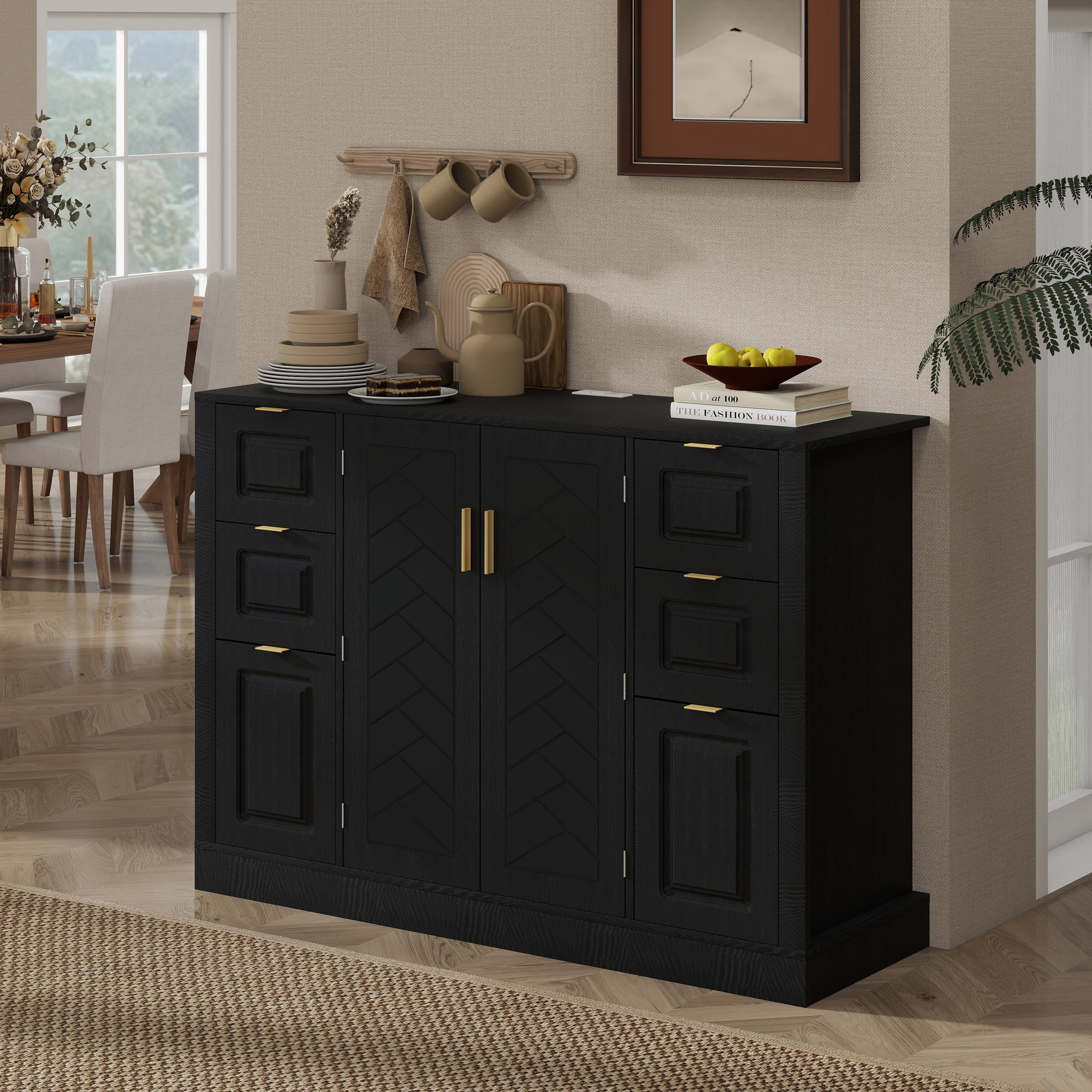 Noble House Buffet Buffet Buffet 47.2" avec prise de courant,2 portes & 6 tiroirs, étagères réglables à 3 niveaux, noir